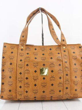 MCM Cognac Brown Monogram Canvas Tote with Gold Plaque